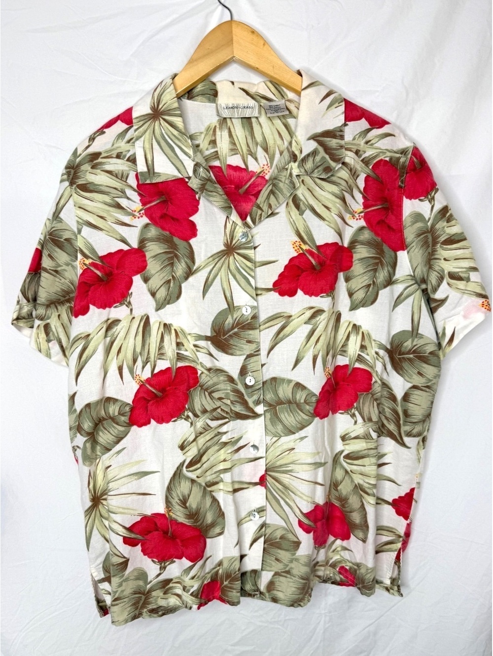 Lemon Grass Linen Cotton Hawaiian Camp Shirt XL Tropical Hibiscus Button Up
